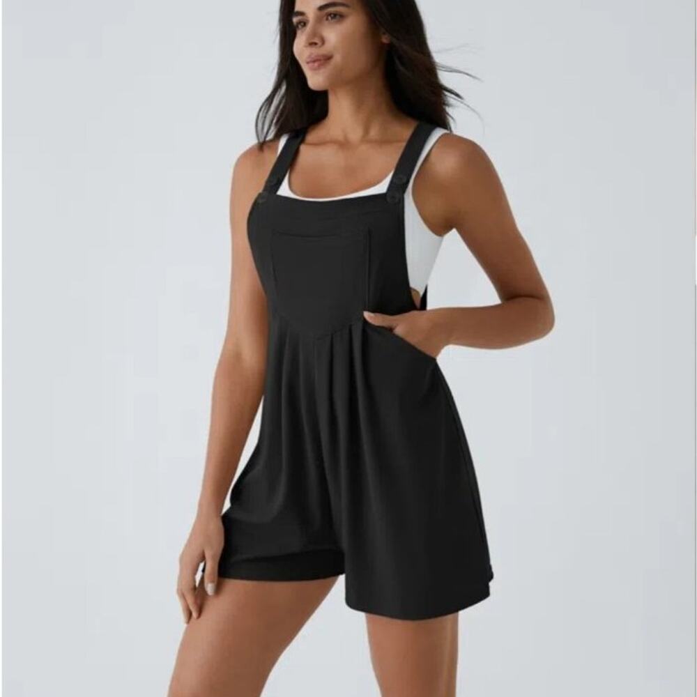 Halara Pockets Waffle Casual black Short Overalls sz XL NWT